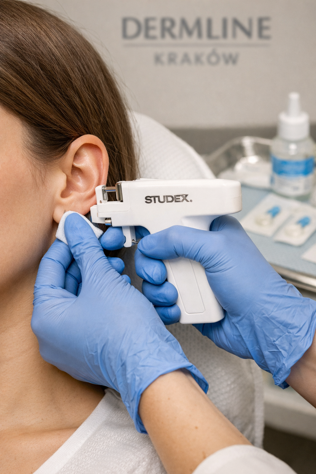 Przekłuwanie uszu systemem STUDEX w salonie Dermline w Krakowie