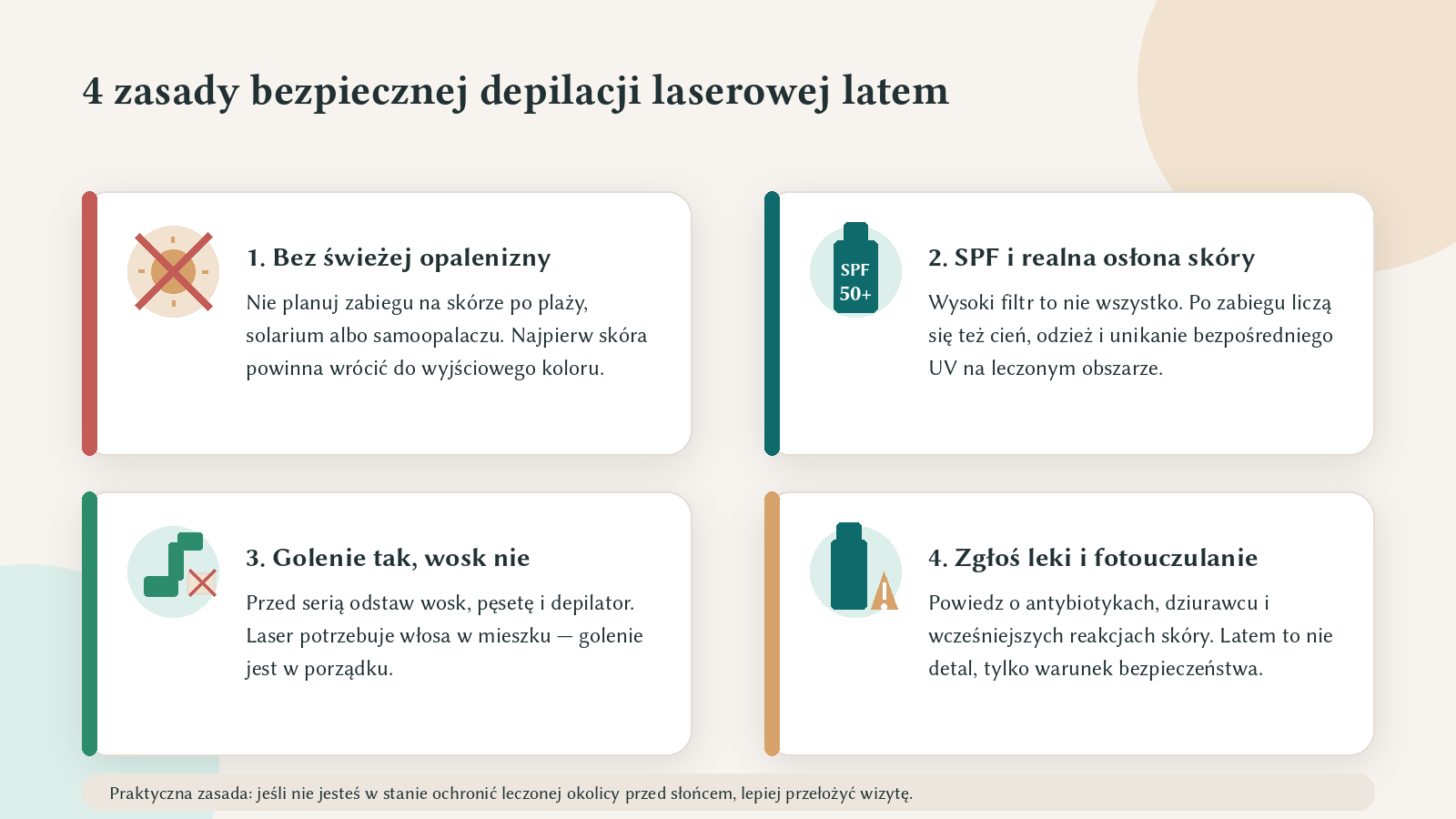 Infografika: 4 zasady bezpiecznej depilacji laserowej latem
