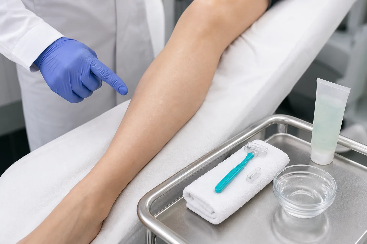 Czysta maszynka i przygotowanie nogi przed depilacją laserową