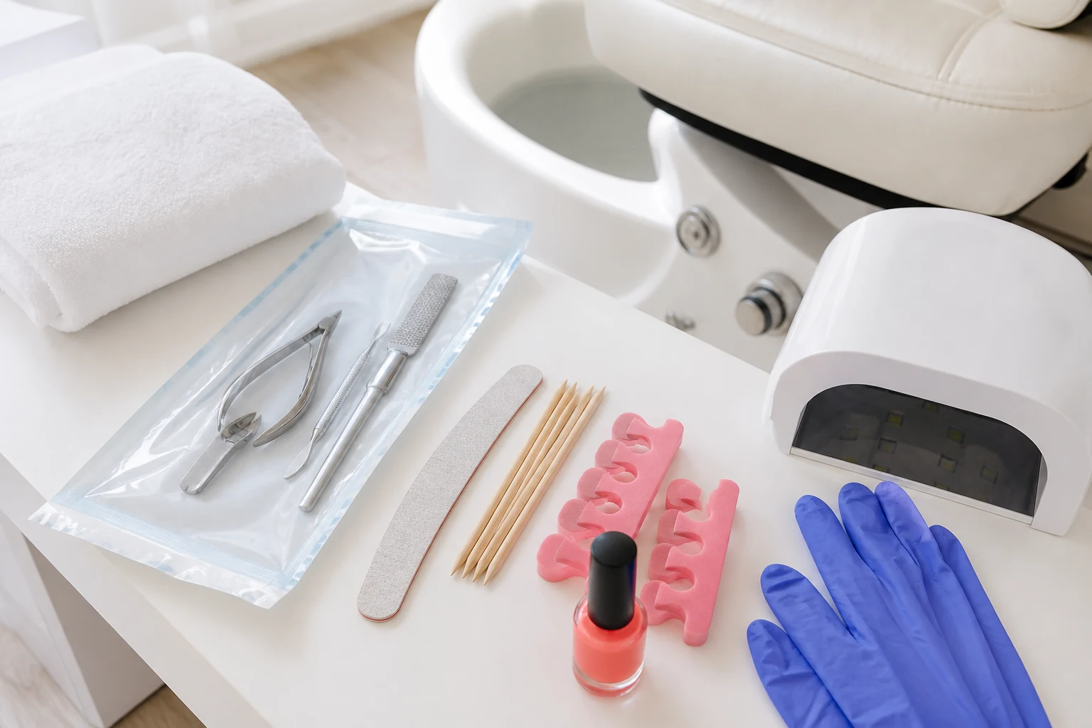 Poglądowa wizualizacja higienicznego stanowiska do pedicure hybrydowego