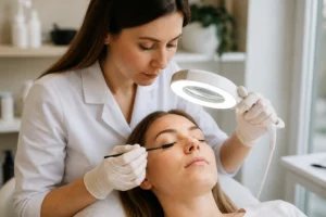 Kosmetolożka ocenia naturalne rzęsy przed laminacją – zdjęcie poglądowe