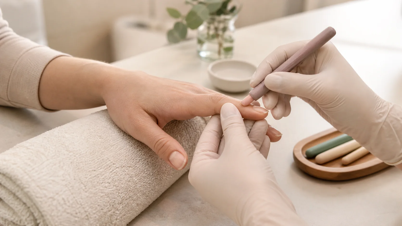 Manicure japoński wykonywany na naturalnych paznokciach w gabinecie Dermline