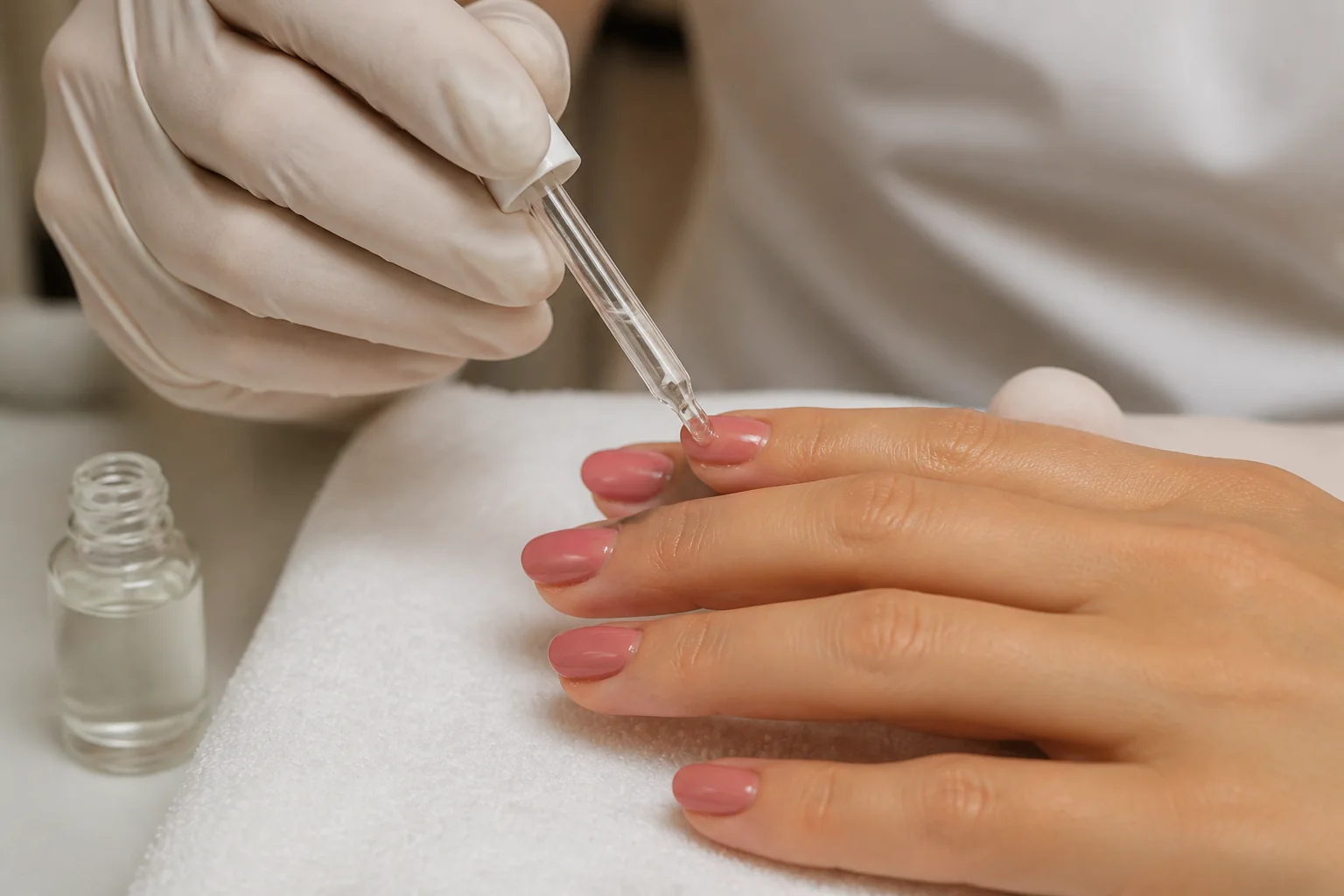 Poglądowa aplikacja oliwki na skórki po zakończonym manicure hybrydowym