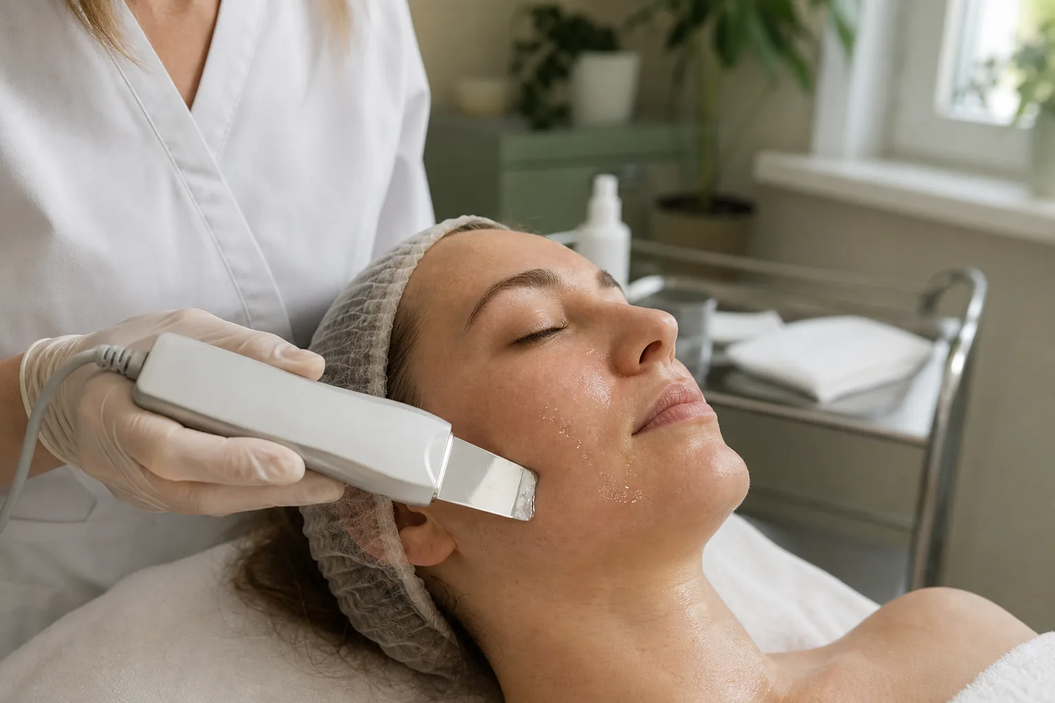 Peeling kawitacyjny twarzy wykonywany metalową szpatułką ultradźwiękową