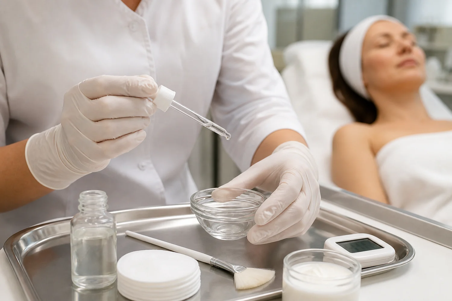 Zdjęcie poglądowe przygotowania peelingu chemicznego do zabiegu na twarz po 40. roku życia