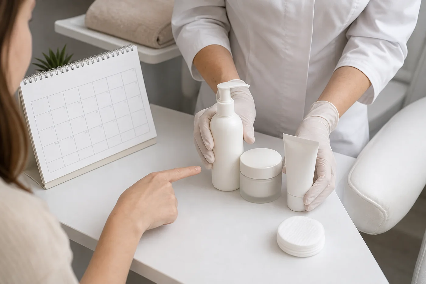 Kosmetyczka omawia z klientką kosmetyki i przygotowanie skóry do peelingu chemicznego