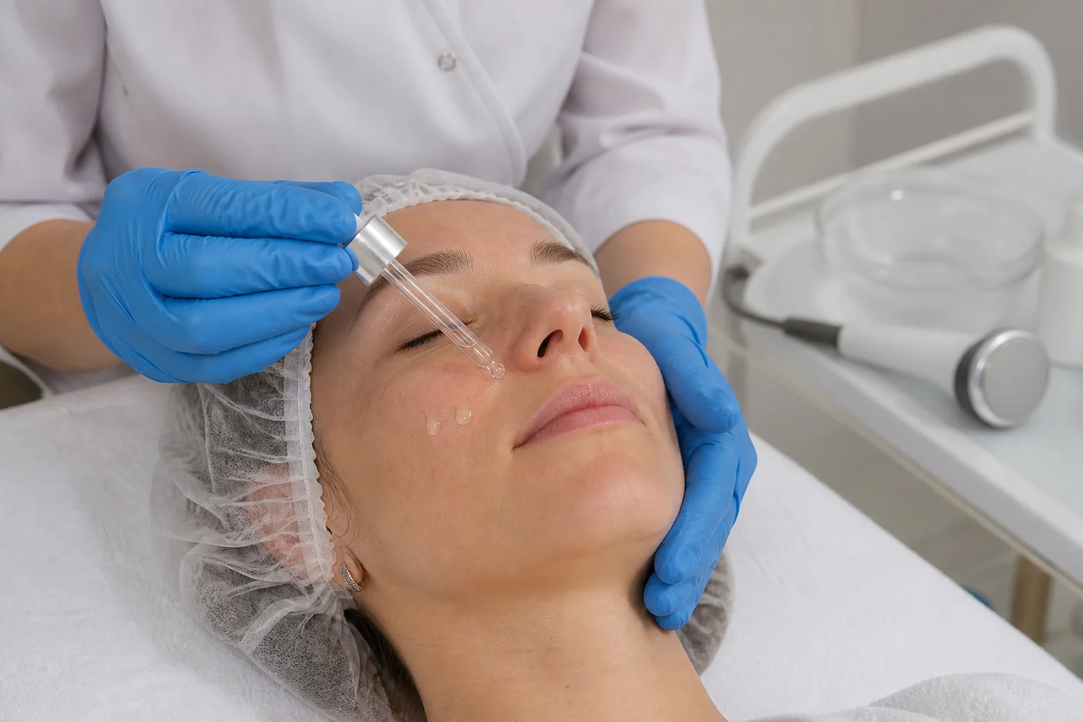 Serum i okrągła głowica ultradźwiękowa przygotowane do zabiegu sonoforezy