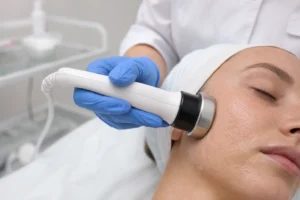 Sonoforeza twarzy okrągłą głowicą ultradźwiękową prowadzoną po serum