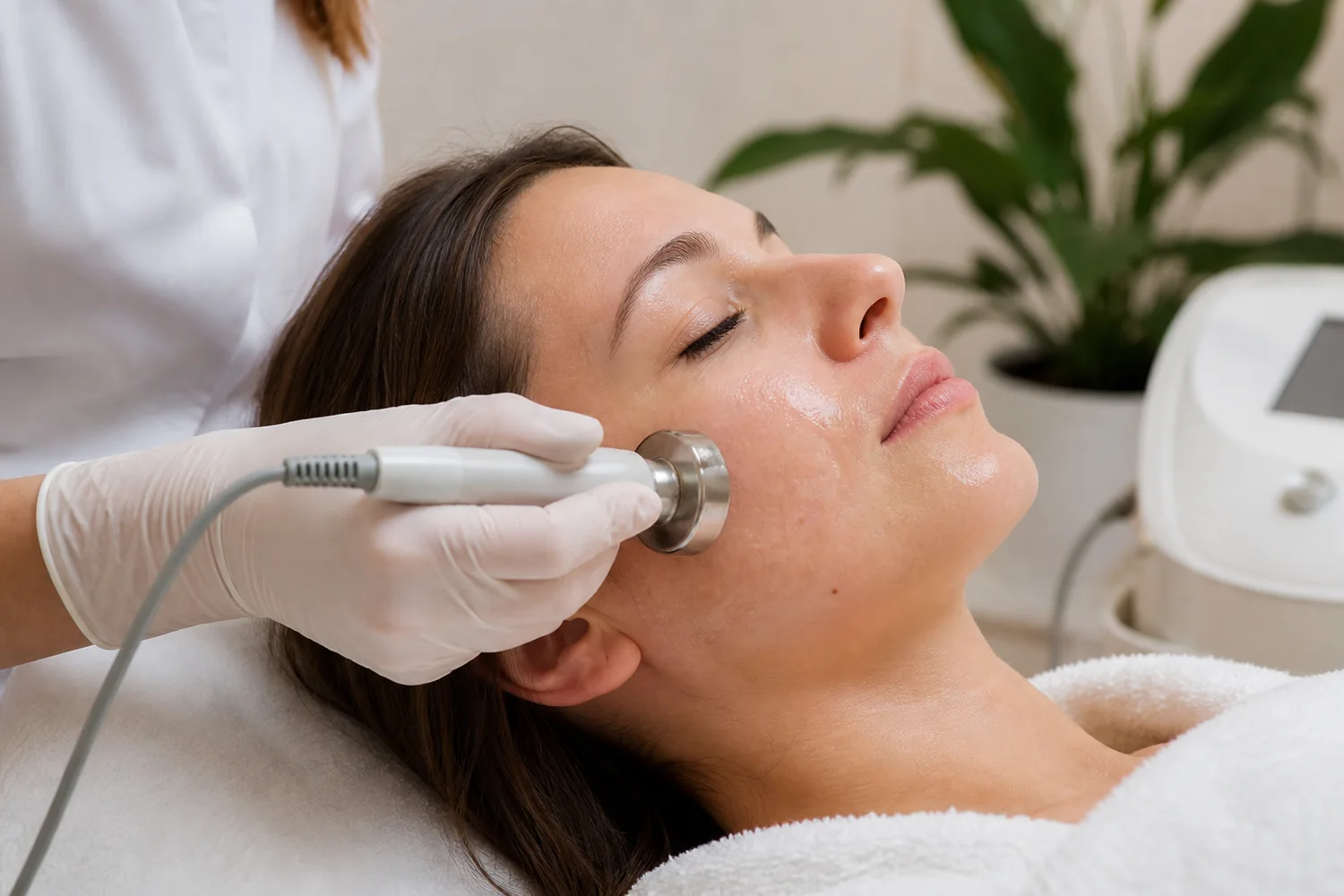 Zdjęcie poglądowe sonoforezy z okrągłą głowicą i serum